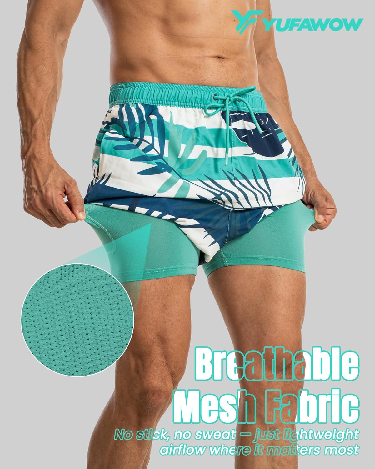 7 Inch Men Swim Trunks Palm Tree with Compression Breathable Liner Quick Dry Zipper Pockets for Board Beach Cruise - Image 4