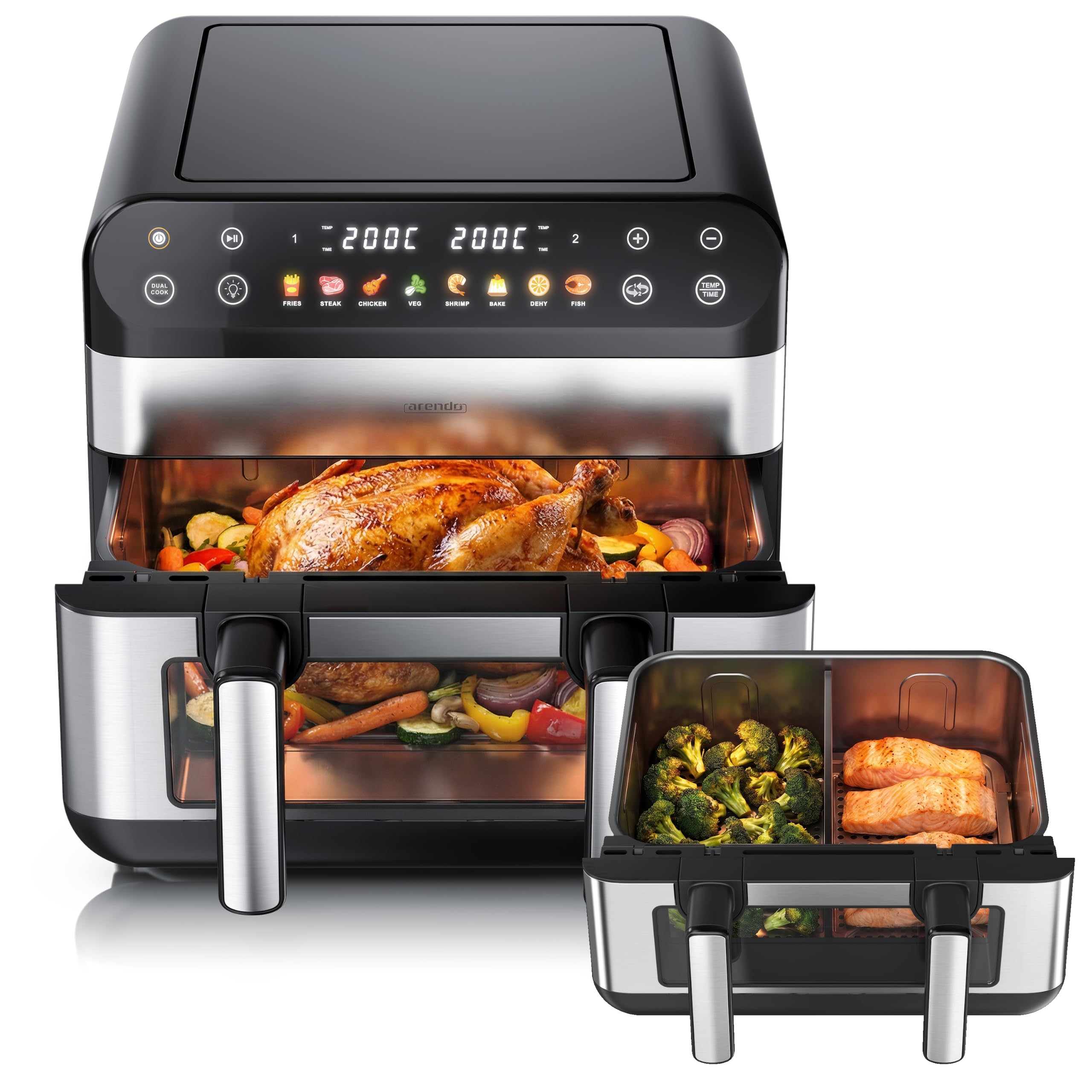 Arendo - XXL Heißluftfritteuse 10 Liter - 2 Kammern trennbar / 1 Kammer Match Funktion - extra Groß - Backofen Umluft - Grill - Airfryer mit Fenster - Fritteuse ohne Öl - Pizza Hähnchen Pommes