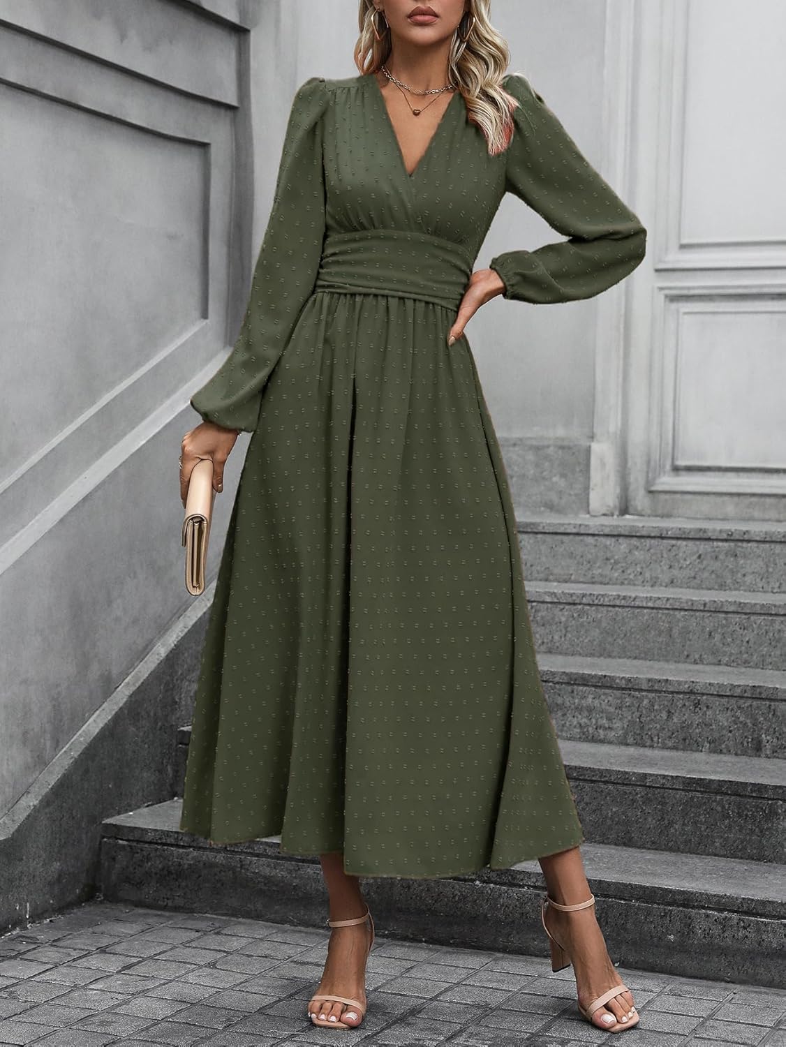 Mettclasi Women's Spring Fall Swiss Dot V Neck Maxi Dress Casual Puff Long Lantern Sleeve A-Line Flowy Dress - Image 5