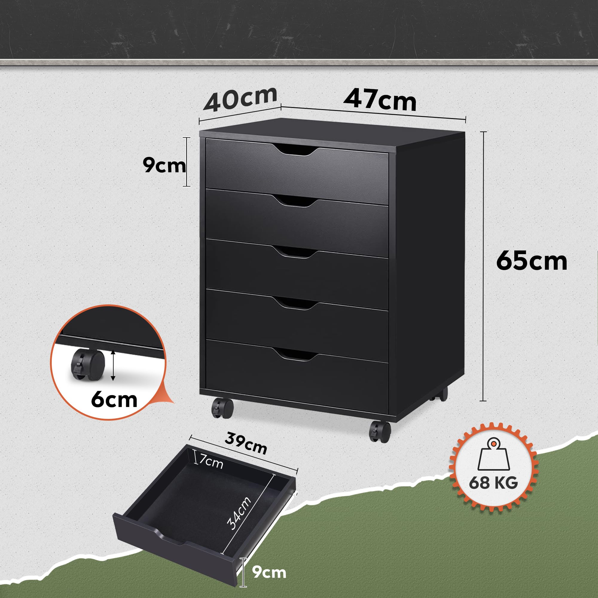 DEVAISE Archivio a 5 Cassetti, Mobile Sottoscrivania in Legno per Documenti A4/Letter/Legal, Nero