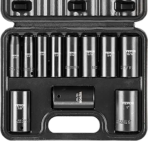 VEVOR 3/8" Drive Impact Socket Set, 11 Piece Deep Socket Set SAE 5/16"-1", 6 Point CR-V Alloy Steel for Auto Repair, Easy-to-Read Size Markings, Rugged Construction, Includes Storage Case