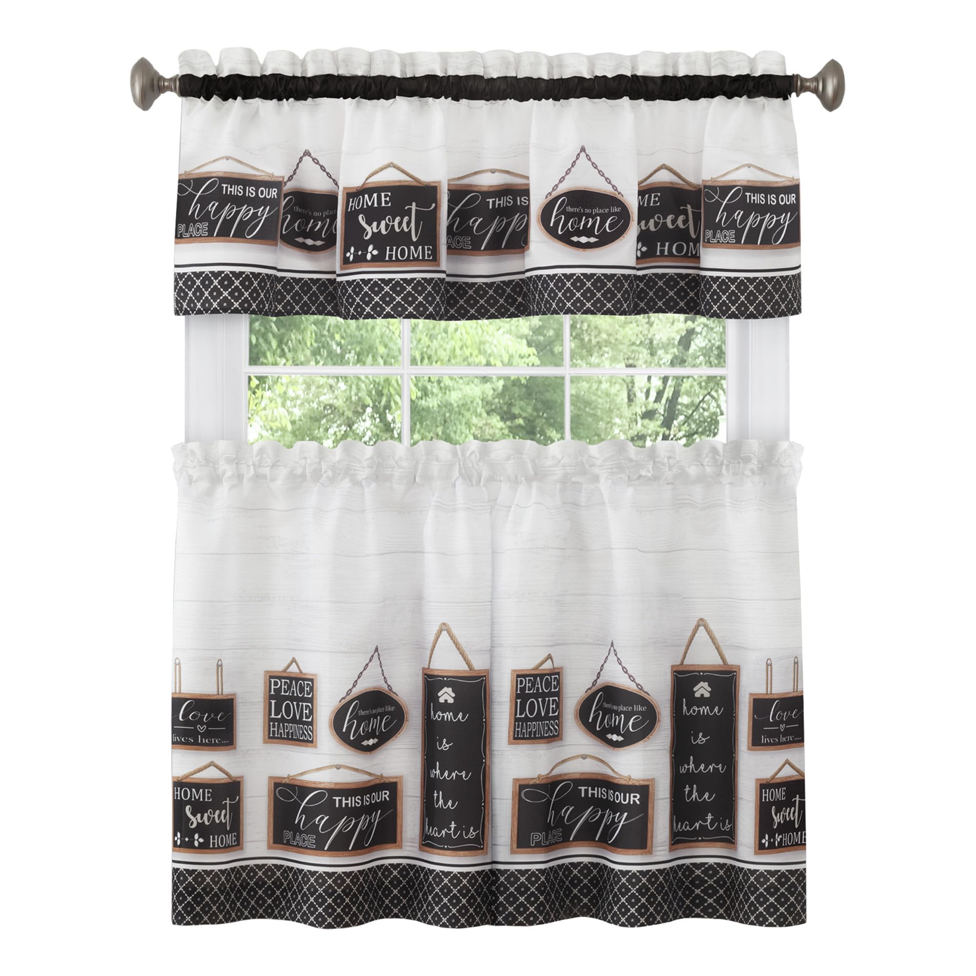 Light Filtering Printed Tier & Valance Window Curtain Set - 36 Inch Length, 58 Inch Width - Modern Farmhouse (Black), Machine Washable Drape for Kitchen, Living, & Dining Room by Achim Home Decor