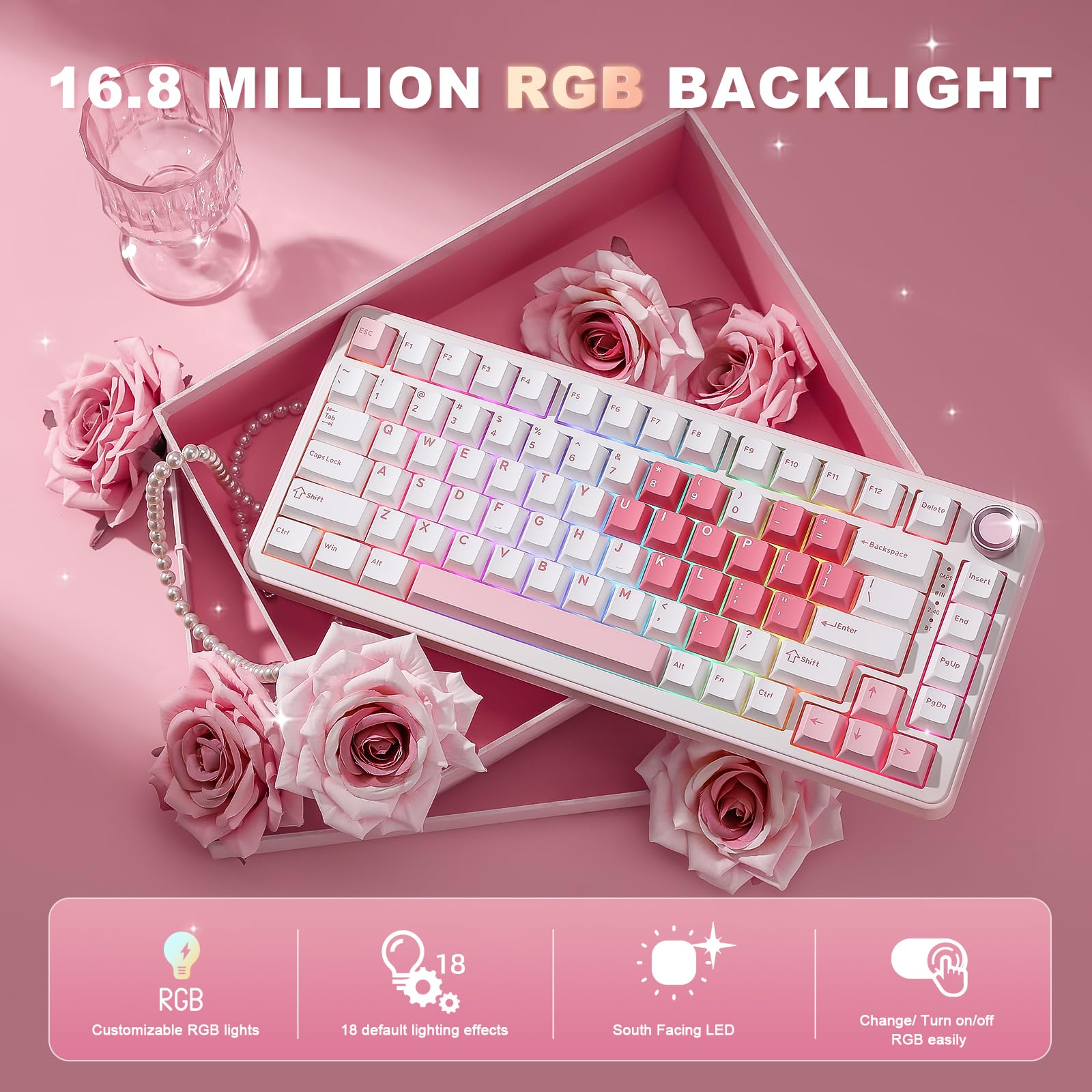YUNZII B75 Pro Clavier Mécanique sans Fil, 75% Game Keyboard Hot Swap Custom avec Knob, Pre-lubed Switches RGB, BT/Type-C/2.4G (Blanc, Cocoa Cream V2 Switch)