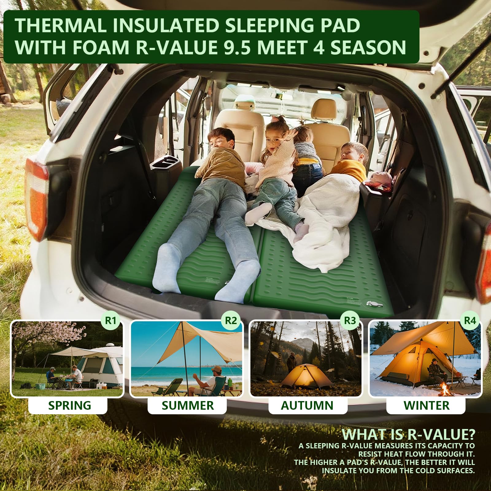 HiiPeak Materassino in memory foam, ultra spesso, con cuscino, 9,5 R-Value isolato, materasso da campeggio, facile da gonfiare e sgonfiare, tappetino gonfiabile per escursioni, tenda auto