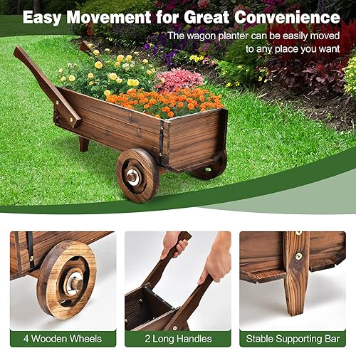 Miniatura 4 de Giantex Maceta de madera para carro, carrito decorativo con ruedas, asas, agujero de drenaje, soporte para maceta, maceta rústica, interior y