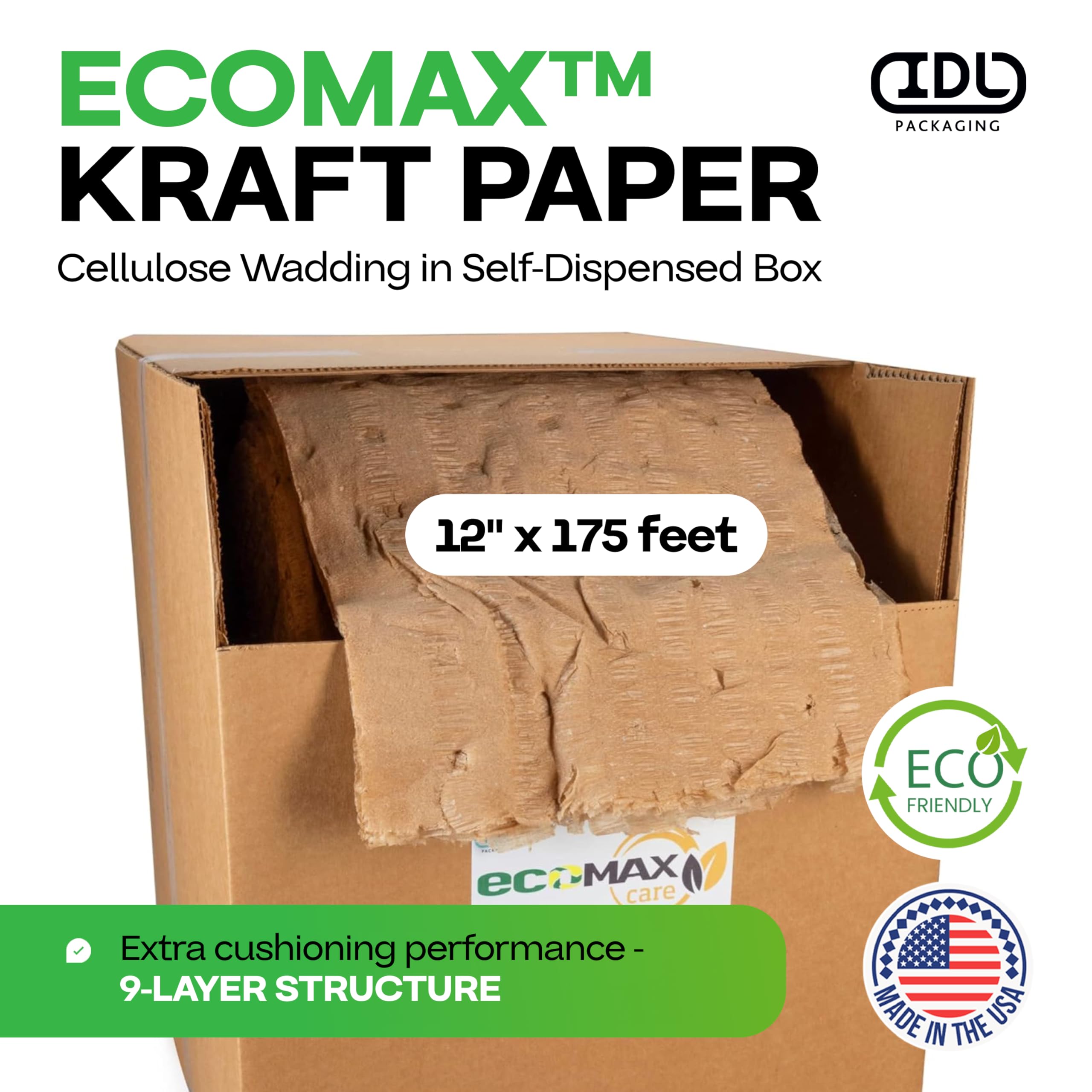 IDL Packaging EcoMax™ Kraftpapier-Zellulosewatte in selbstdosierender Box, Polsterverpackung und Hohlraumfüllung, sanfte Verpackung für Versand, Umzug und Aufbewahrung zerbrechlicher Gegenstände, 30,5