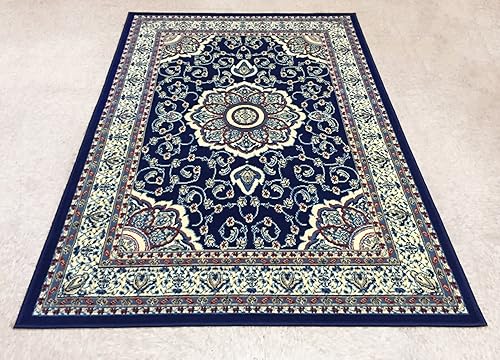 Miniatura 2 de Modela Collection - Alfombra tradicional oriental con medallón azul marino, 4 pies 9 pulgadas x 6 pies 10 pulgadas