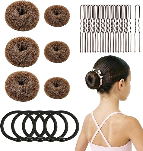 6pcs Hair Donut Bun Maker 2 Sizes in 1 Set(Small + Medium), Firm Hold Bun Shaper Ring for Women Girls Casual Styling | Includes 5 Hair Ties and 20 U Pins (Light Brown)