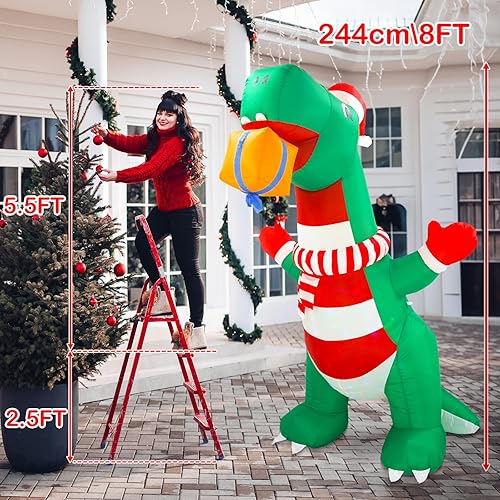 Miniatura 3 de Inflables de Navidad de 8 pies para decoración al aire libre, dinosaurio inflable de Navidad, decoración de patio con sombrero de Navidad y caja de