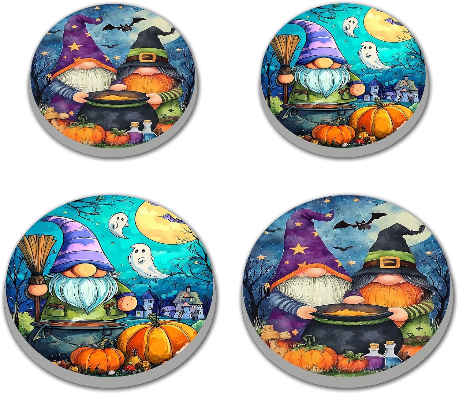 Halloween Gnome Art Electric Stove Burner Covers,4 Pcs Pumkin,Ghosts Stove Burner Covers,Two Dwarf Making Poison Stove Burner Cover,8 Inch and 10 Inch, Spooky Night Metal Cooktop Home Decorative