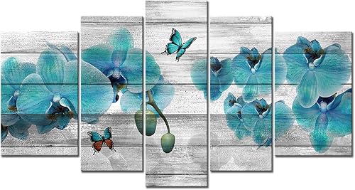 Novup Arte de pared de orquídea mariposa verde azulado con flor azul sobre fondo de grano de madera, 5 piezas de pintura moderna en lienzo  Imagen