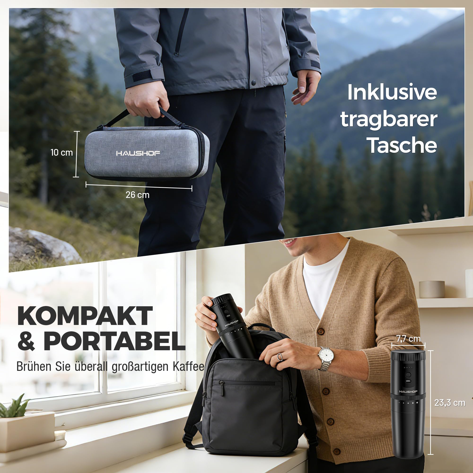 HAUSHOF Elektrische Kaffeemühle, Tragbares Kegelmahlwerk Kabellos Schwarz mit Integrierter Infusion, Manuelles Kit Edelstahlfilter Thermobecher