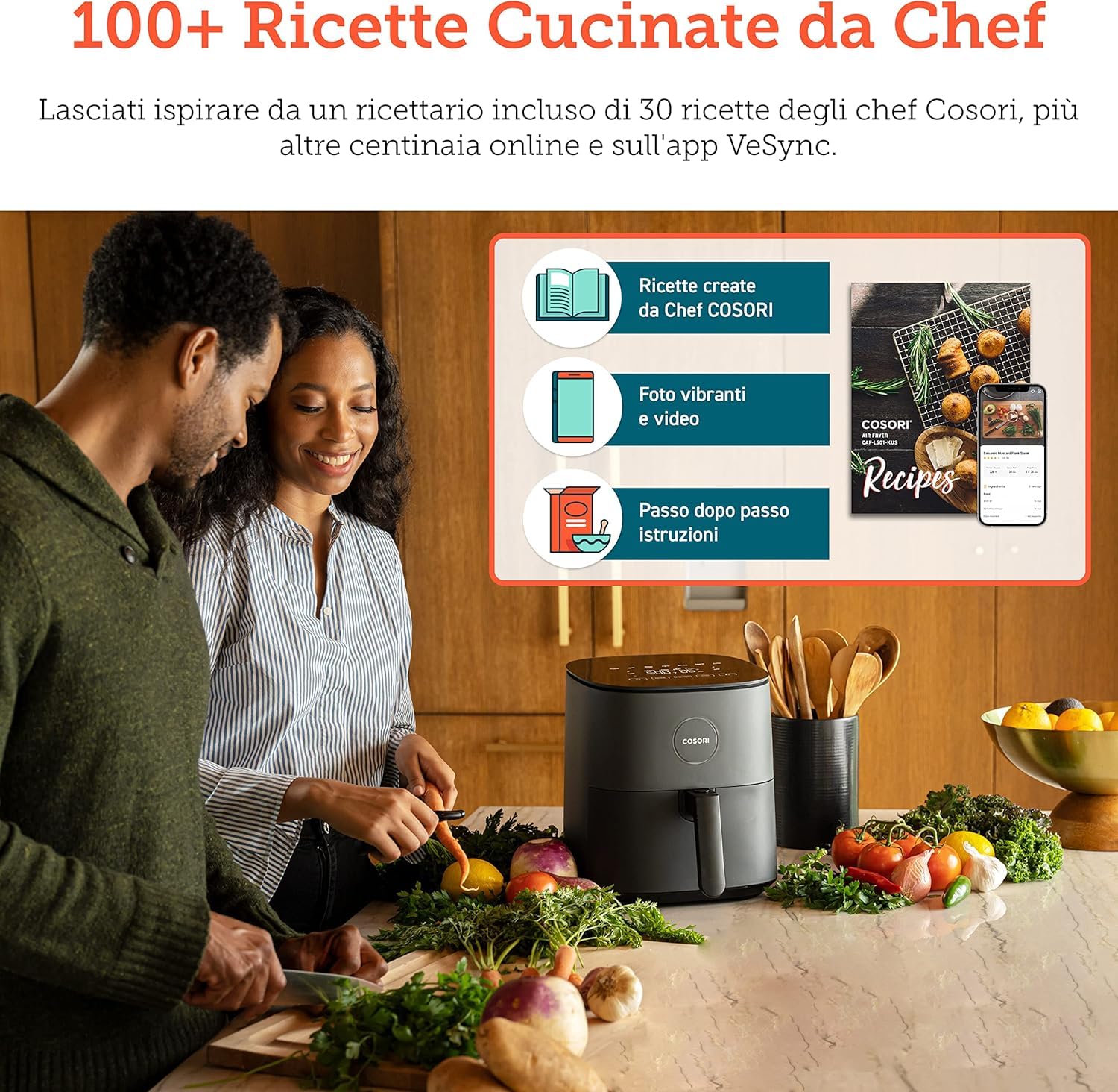 Cosori Friggitrice ad Aria 4,7 Litri, 75-230°C, 9 Preimpostazioni, 1500W | Silenzioso e Risparmio Energetico, Meno Olio&Senza Fumo, Ricettario Italiano, Lavabile in Lavastoviglie, Rumore Sotto i 55dB