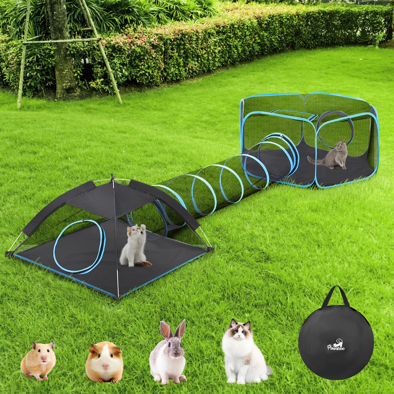 Outdoor Cat Enclosures for Cats Indoor, Patio Portable Mesh Cat Tent, Tunnel, Playhouse with Free Carry Bag & Metal Rod for Multiple Cats and Small Animals, includes Cat Playpen+Cat Tent+Pet Tunnel