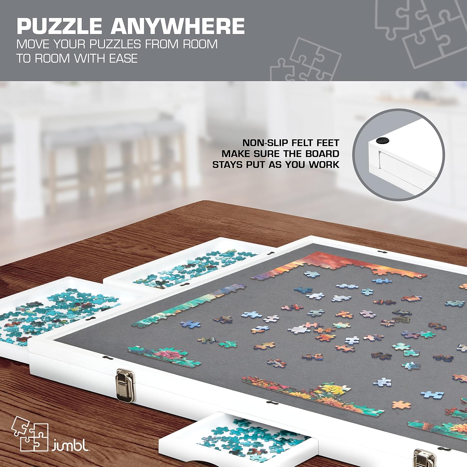 Jumbl Premium 1000-Piece Tilting Puzzle Board w/Felt Surface, 6 Removable Sorting Drawers Surface, Interlocking Cover | 23” x 31” Wooden Jigsaw Puzzle Table | Reinforced Hardwood Construction