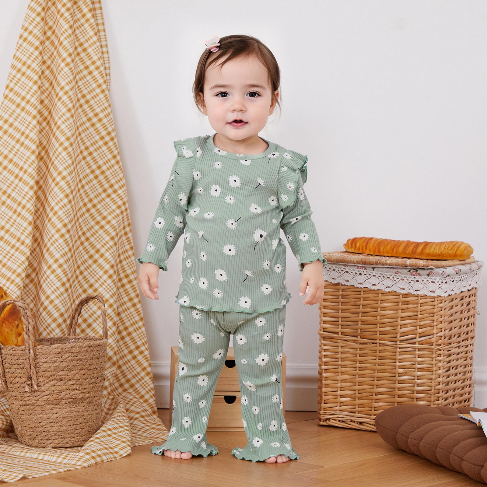 Baby Girl Fall Clothes Set Ruffle Long Sleeve Tops Flare Pants Cute Infant Toddler Outfits 6 12 18 24 Months 2T 3T (Flower Green, 18-24 Months)