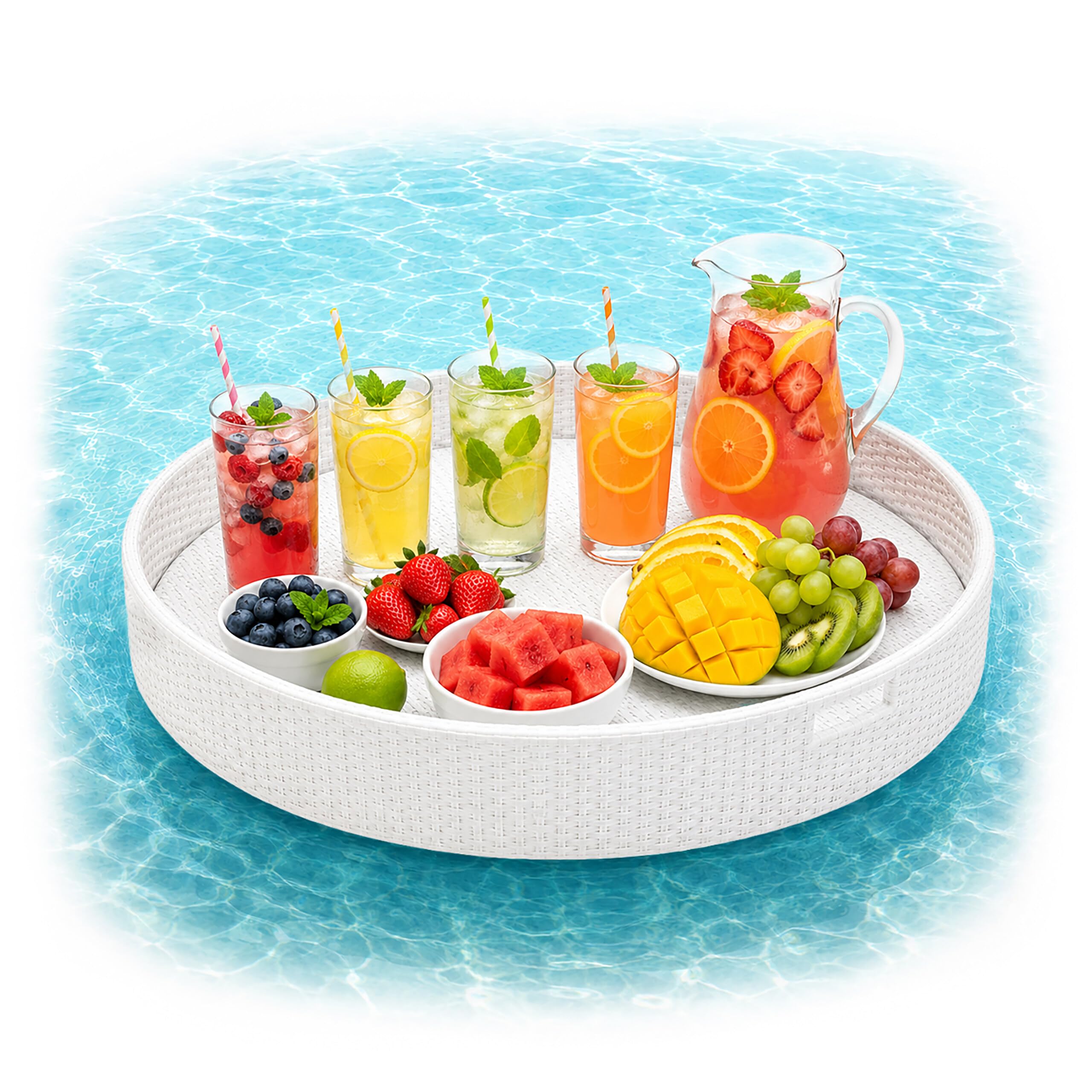 Relaxdays Bandeja Flotante 2 en 1 para Piscina, Blanco | bebidas y aperitivos, ratán insumergible, aprox. 20 x 80 cm