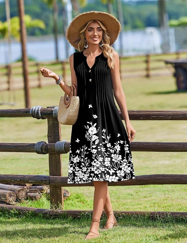 Zeagoo Women Summer Casual V Neck Sundress with Pockets Midi Floral Swing T Shirt Sleeveless Pleated Dresses Beach Loose Tank Dress by Zeagoo - Image 4