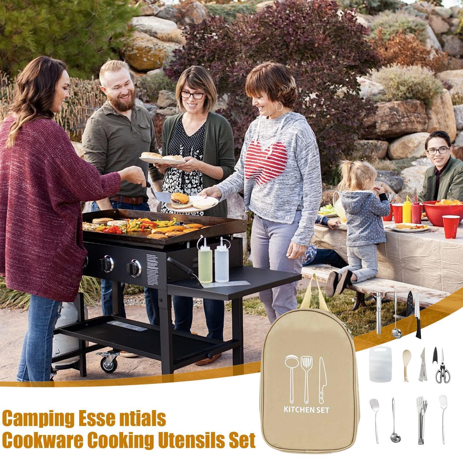 Camping Kochutensilien Set 12-Teiliges Tragbares Küchenzubehör | Mit Aufbewahrungstasche für Camping Ausrüstung Komplettset für Wohnmobil, Outdoor-Aktivitäten, Grillen, Picknick, Abenteuer,