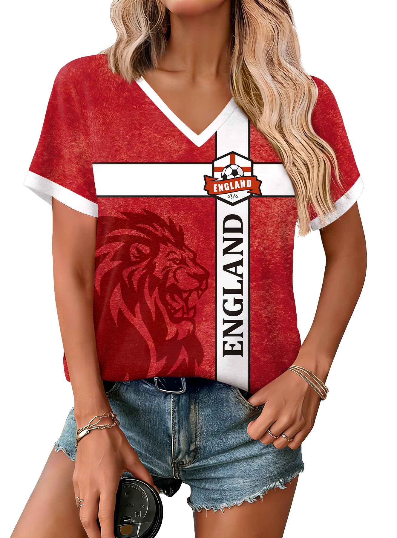 For G and PL Women's 2026 Football Match Day Cup Short Sleeve Graphic Top T-Shirt England English British UK Red White Blue A1 XL โ image 1