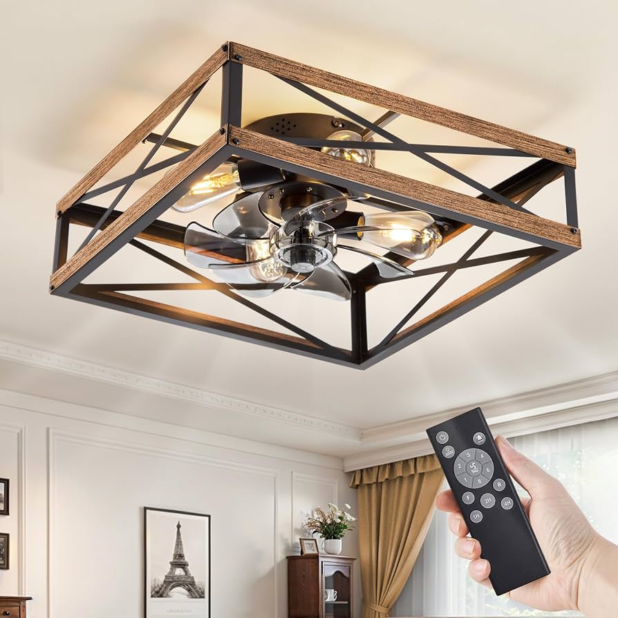 LEDIARY 20” Caged Low Profile Ceiling Fans with Lights and Remote, Rustic Square Flush Mount Ceiling Fan, 6 Speed and Reversible, Small Farmhouse Bladeless Ceiling Fan for Bedroom, Kitchen,Dining Room