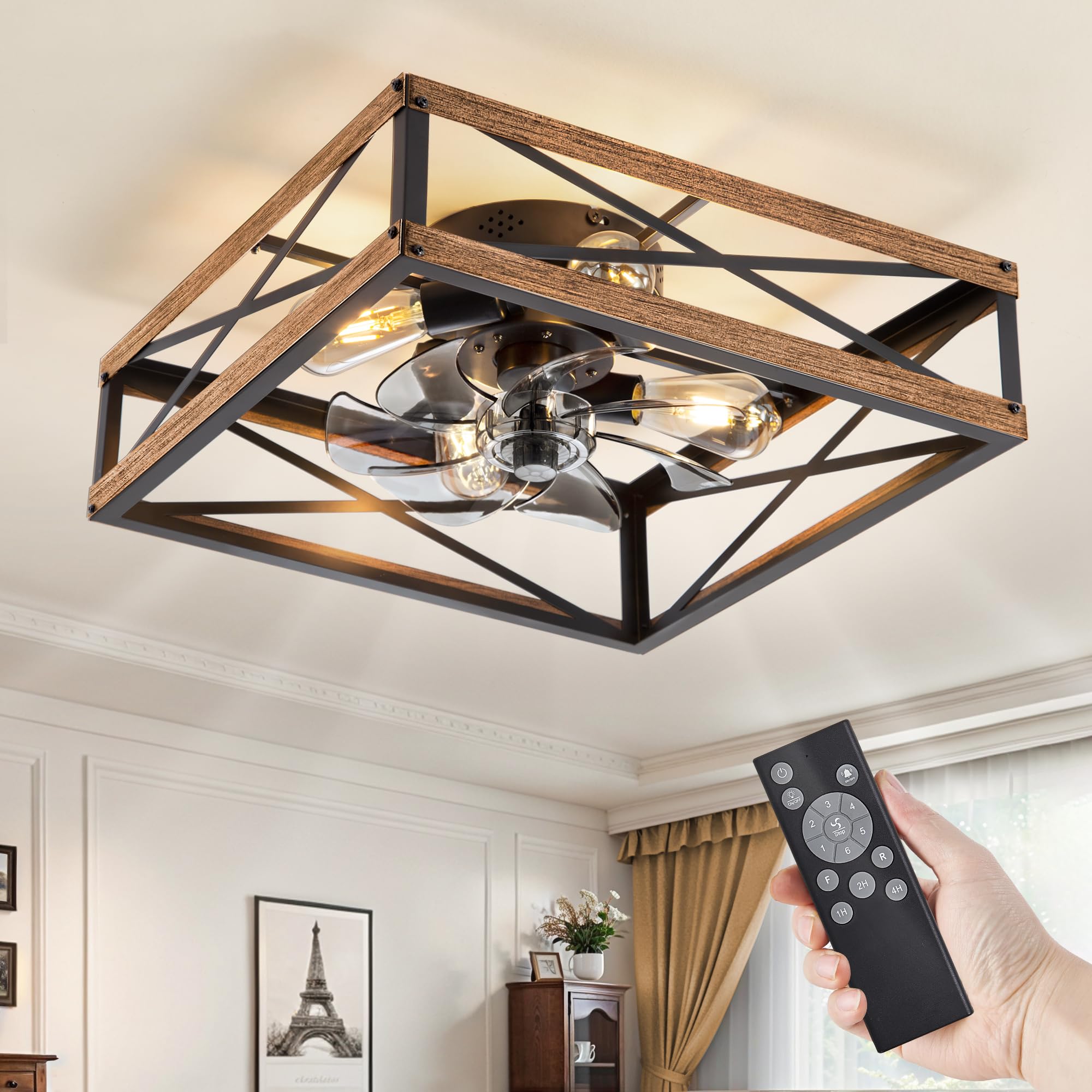 lediary 20รขโฌ๏ฟฝ caged low profile ceiling fans with lights and remote, rustic square flush mount ceiling fan, 6 speed and reversible, small farmhouse bladeless ceiling fan for bedroom, kitchen,dining room