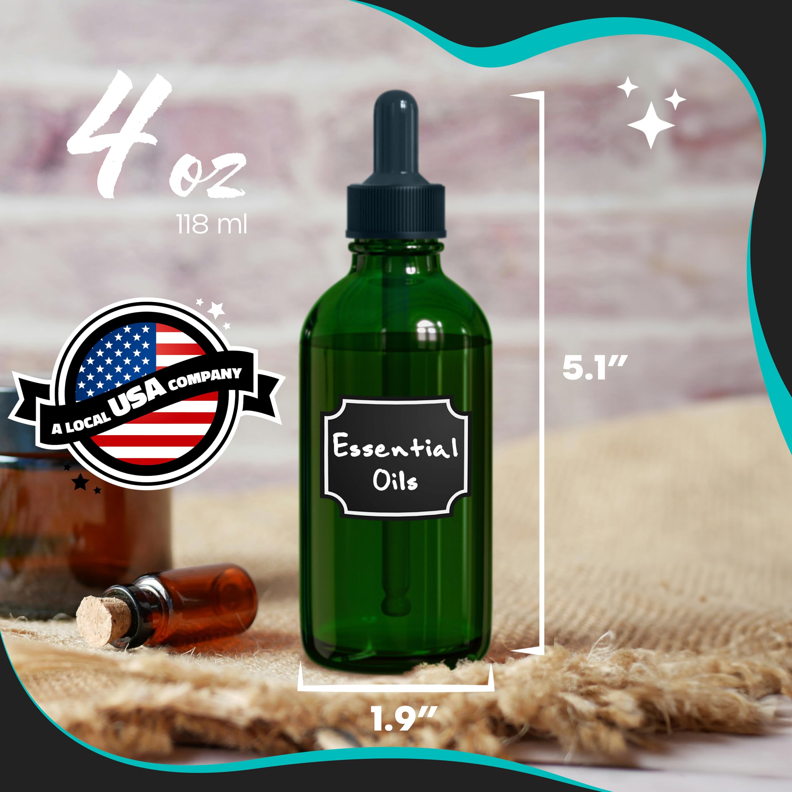 Nevlers 24 botellas de vidrio verdes de 4 onzas con cuentagotas, botellas vacías a prueba de fugas para aceite, utilizables como botella vacía con cuentagotas para ojos, botellas de aceite para