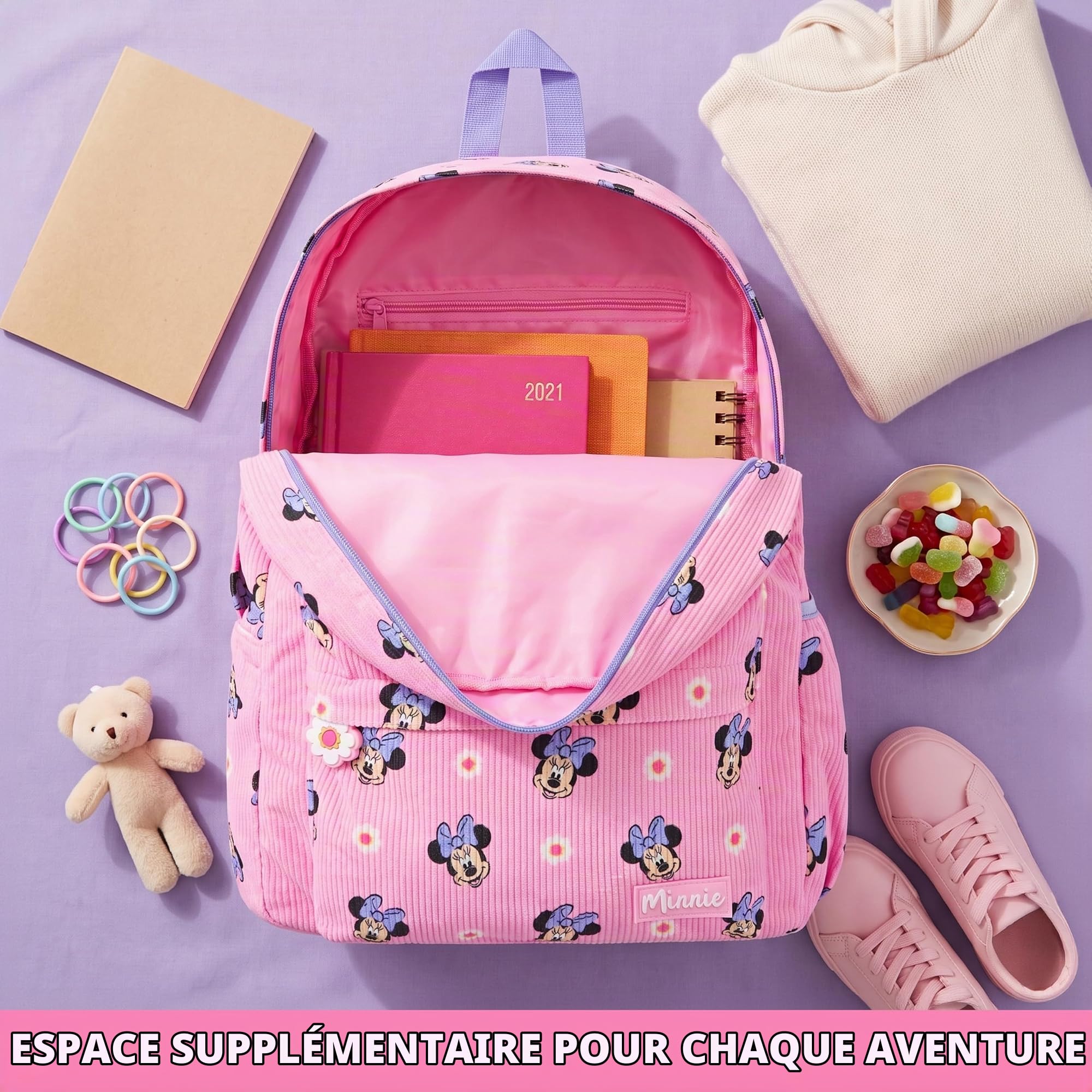 Get Trend Minnie Mouse Sac a Dos Fille Set, 4 Pcs Cartable, Sac Isotherme Repas, Trousse Scolaire et Porte Badge Tour de Cou Courroie (Rose/Multi Minnie Mouse)