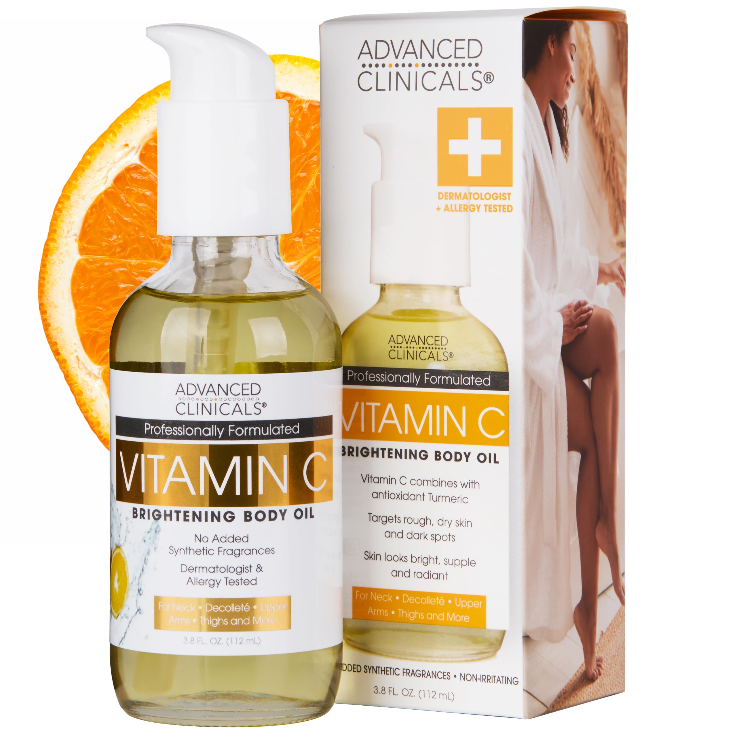 Advanced ClinicalsVitamin C Body Oil Skin Care Moisturizer W/Vitamin E & Turmeric - Nourishing, Brightening, & Hydrating Body Oil To Improve Look Of Dark Spots, Dry Skin, & Stretch Marks, 3.8 Fl Oz