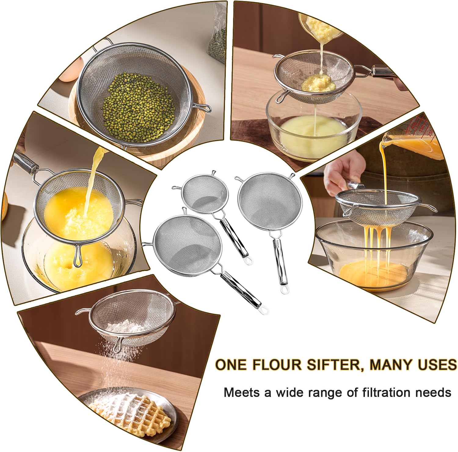 Double-Layer Fine Mesh Strainer, 4.7 Inch Stainless Steel Double Ear Sieve, Kitchen Metal Strainer for Baking Powder Sifting, Straining Soup Sauce Stock Draining