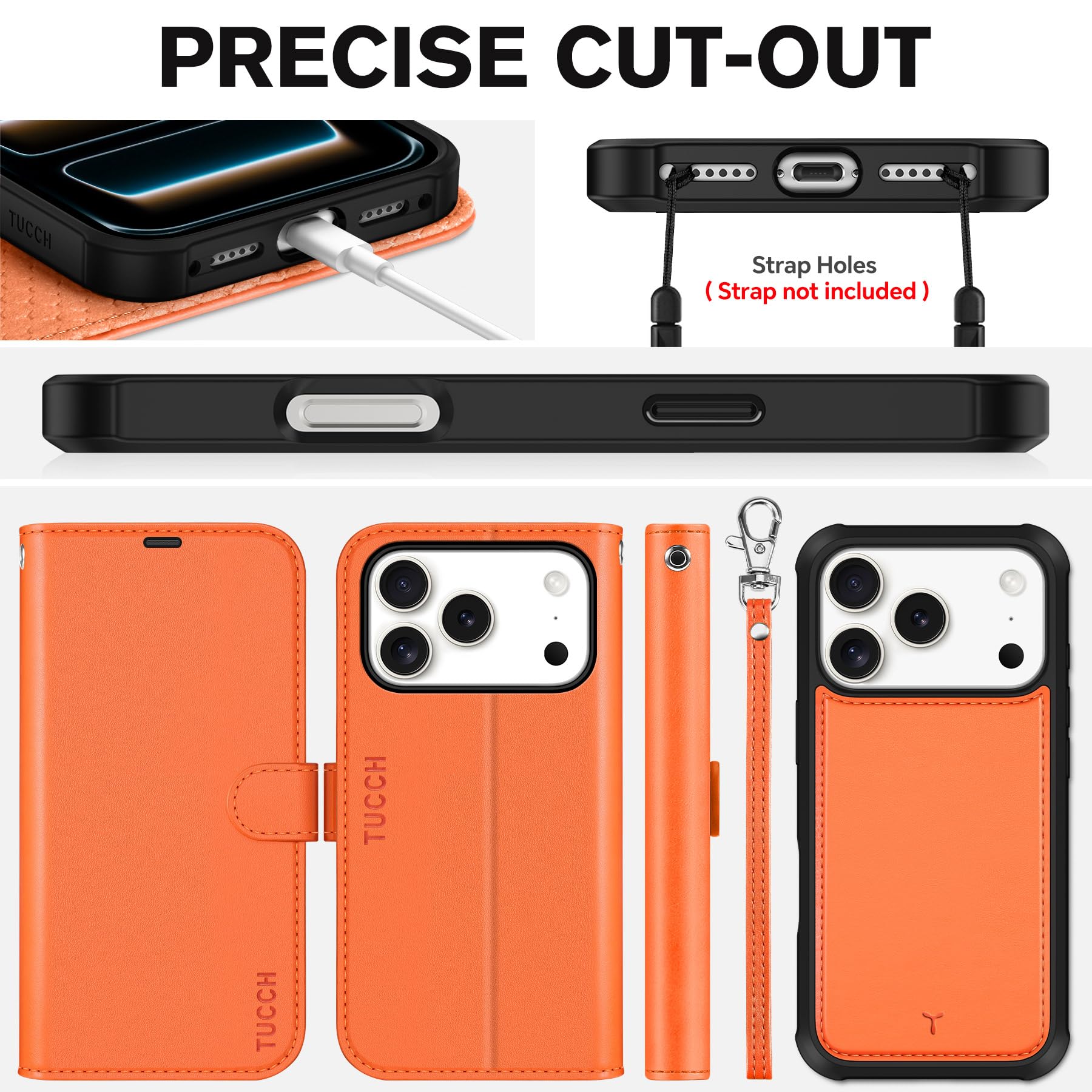 TUCCH Cover 2 in 1 per iPhone 17 Pro 6,3-pollici 5G 2025 [Blocco RFID] | Custodia Pelle PU Antiurto Portafoglio [Slot Schede] Cinturino Rimovibile Flip Cover Cavalletto Magnetica, Arancione Cosmico