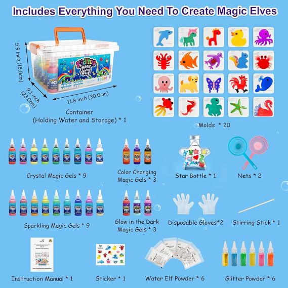 Kiditos Magic Water Elf Toy Kit for Kids,Create Your Own Magic Water Pets,DIY Sensory Craft Set with 24 Magic Gels,6 Glitter Powders&20 Moulds,Party Favours&Birthday Gifts for Children Age 3+