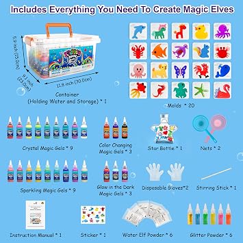Kiditos Magic Water Elf Toy Kit for Kids,Create Your Own Magic Water Pets,DIY Sensory Craft Set with 24 Magic Gels,6 Glitter Powders&20 Moulds,Party Favours&Birthday Gifts for Children Age 3+