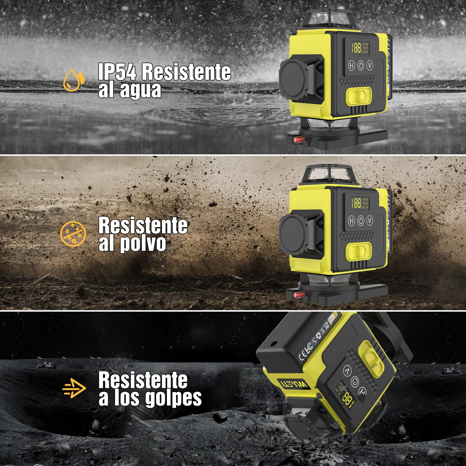 Nivel láser autonivelante 360° X 4, láser de construcción 4D con 16 líneas láser, modo de pulso para exteriores, 2 baterías, autonivelación, soporte rotativo, control remoto.（Con Tripode）