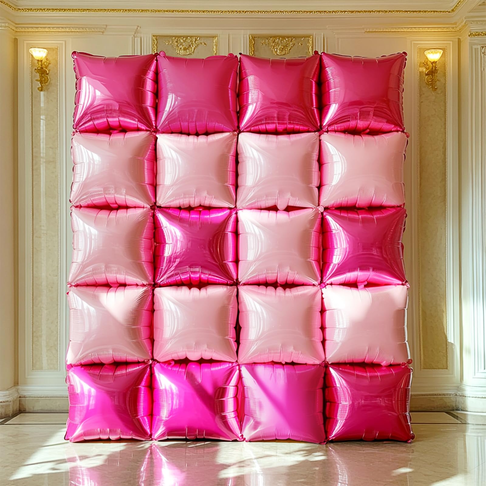 NISOCY 48 globos cuadrados de aluminio rosa magenta intenso, telón de fondo de pared de doble cara, kit de arco de globos rosa metálico para aniversario, despedida de soltera, cumpleaños, compromiso