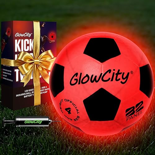 GlowCity Glow in The Dark Soccer Ball - Sizes 3, 4, 5 for Kids, Teens & Adults - Light Up Soccer Ball with 2 LED Lights - Sports Birthday Gifts Ideas for Boys & Teenagers Ages 6 7 8 9 10 11 12 13 14