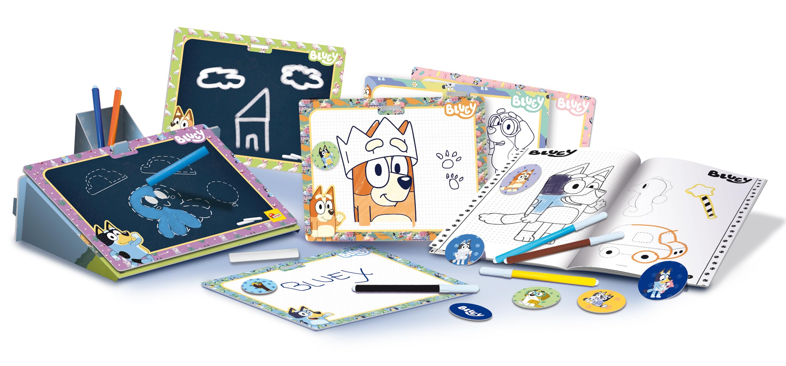 Lisciani - BLUEY - RUCKSACK mit Mal- und Zeichenset für Kinder ab 3 Jahren - Kreativset mit Malbuch, Stickern, Filzstiften und löschbaren Tafeln - Hergestellt in Italien