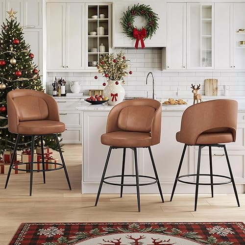 LUE BONA Juego de 3 taburetes de bar giratorios de 26 pulgadas de alto, taburetes de bar con respaldo, almohada lumbar y marcos de metal negro,