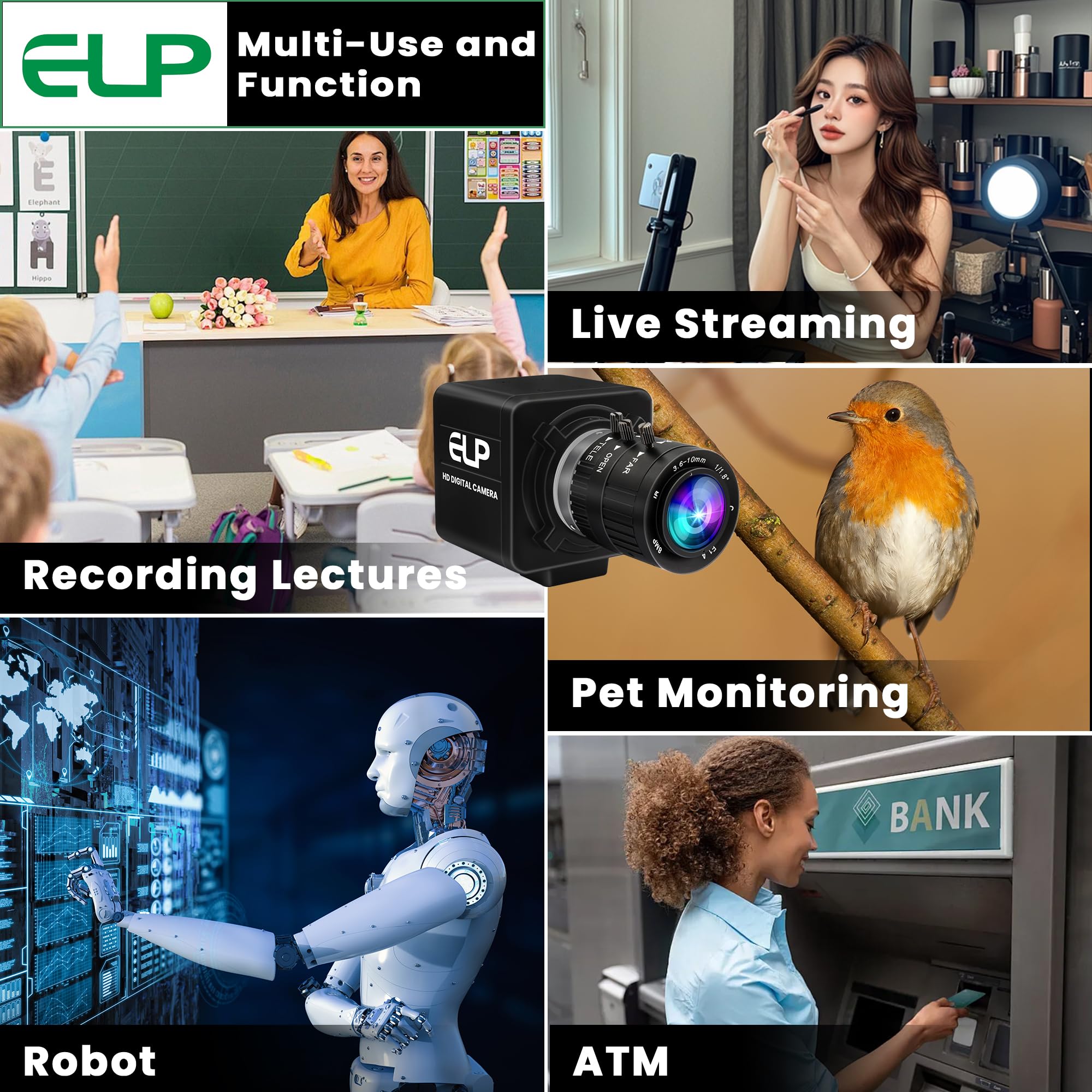 ELP Webcam con zoom manuale da 12 MP USB per computer 1080P 120fps Messa a fuoco variabile Lightburn Camera ad alta velocità 3.6-10mm Zoom 3X USB2.0 PC Cam Varifocal USB Security Webcam per