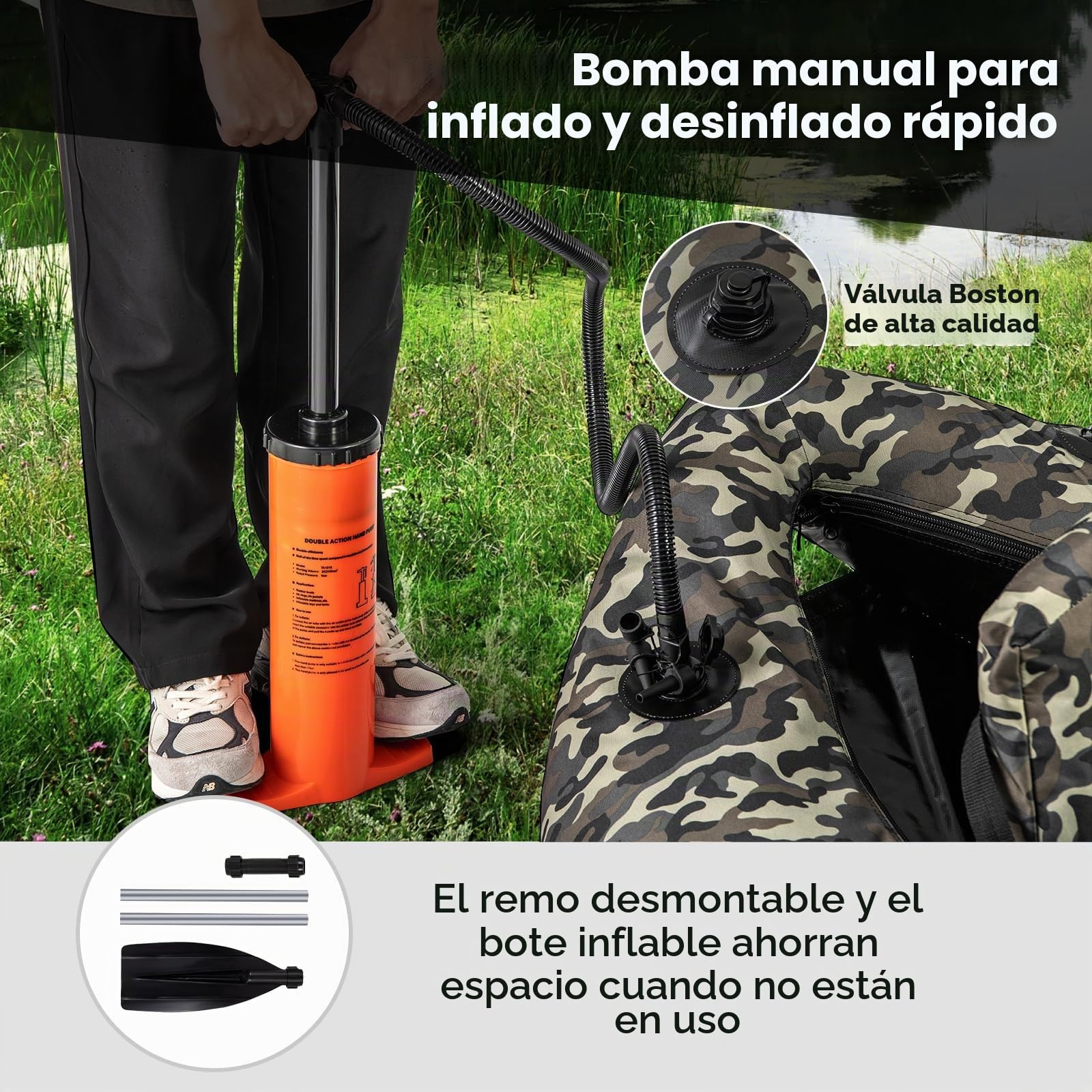 GYMAX Bote de Pesca Hinchable en Forma de V con Soporte para Caña, Almacenamiento de Equipo, Delantal de Pelado, Barco de Pesca con Mosca con Aletas, Remo, Bomba, Camuflaje