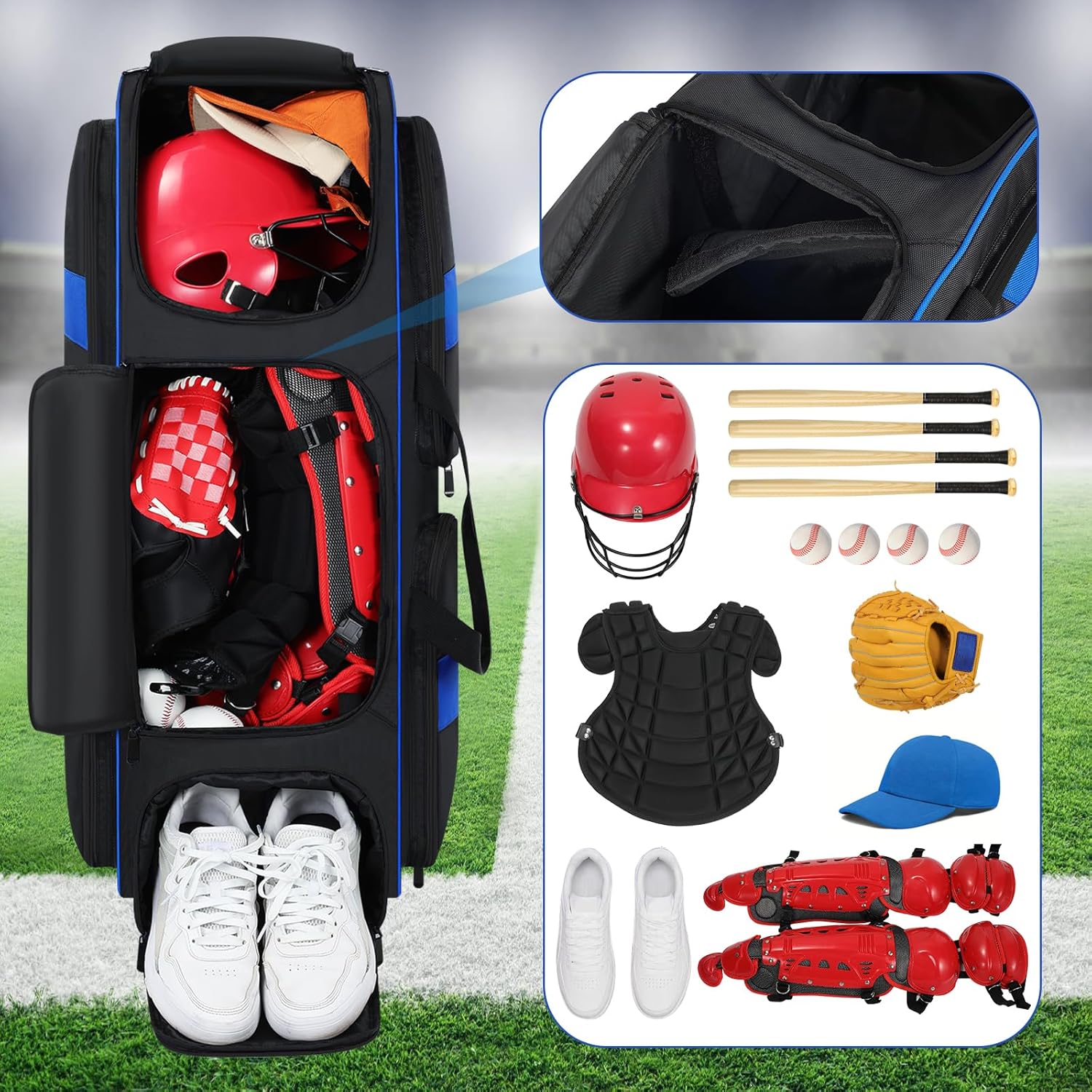 Rolling Baseball Bag, Soft Large Catcher Gear Bag With Wheels, Ultimate Gear Storage for Baseball Catchers, Holds All Baseball Equipment, Portable Baseball Bag for 4 Bats (Patent Design) - Image 3
