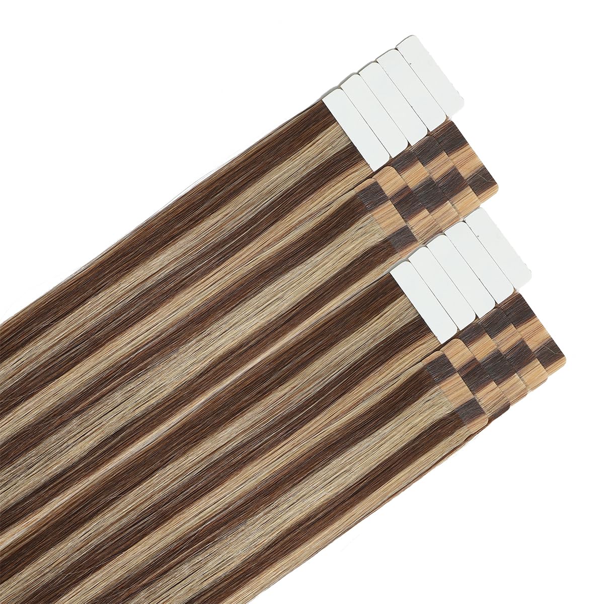 Doczepiane włosy na taśmie, prawdziwe włosy, blond, pasemka średniobrązowe, gładkie włosy Remy, z taśmą, 20 sztuk, 50 g, 40 cm