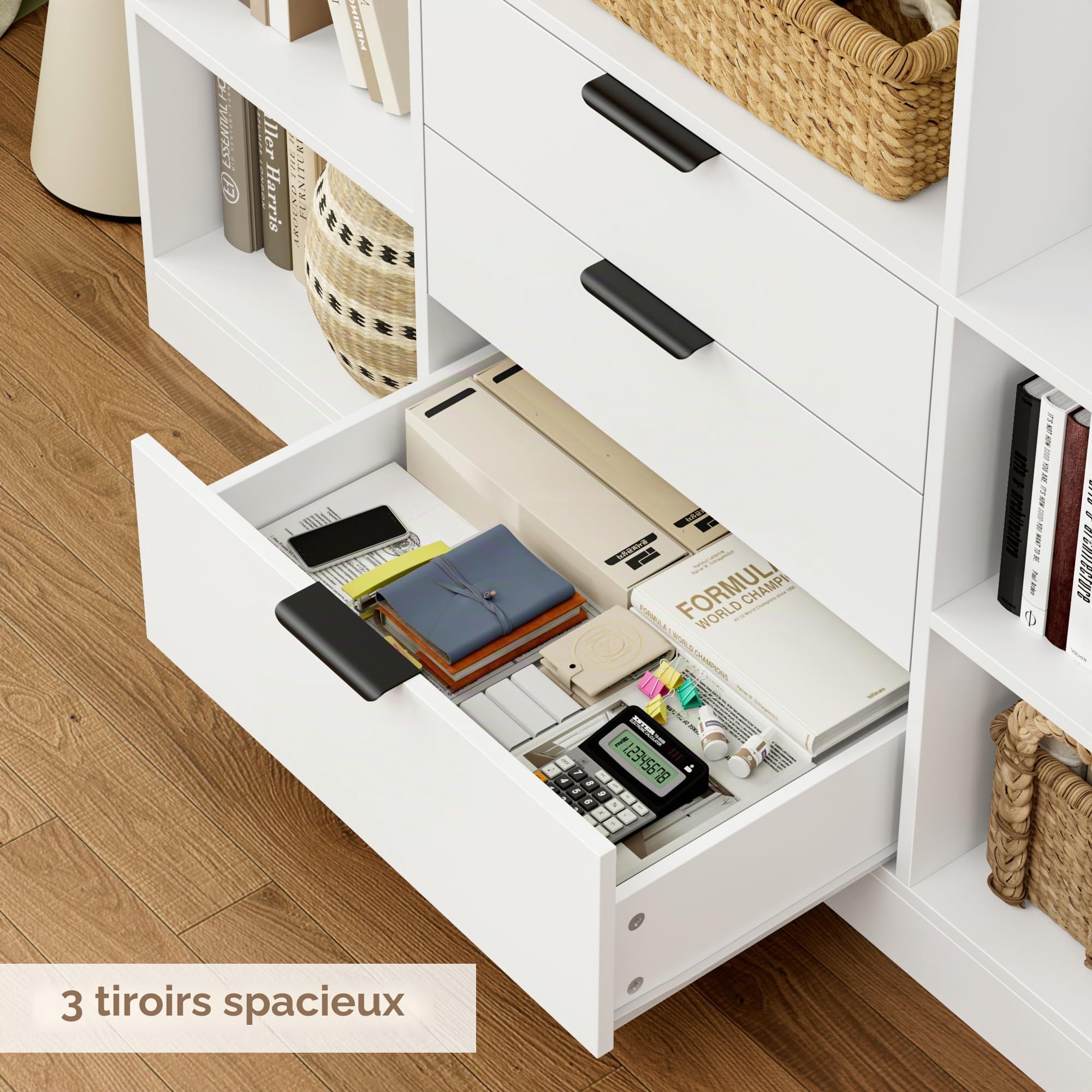 HOCSOK Bibliothèque, Étagère à 8 Niveaux, 3 Tiroirs, 180,5 x 135x 28,5 cm