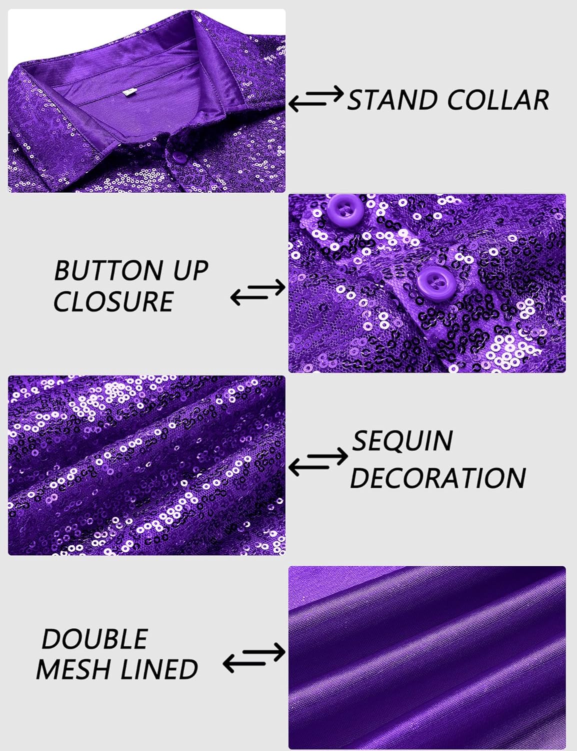 URRU Men's Relaxed Short Sleeve Turndown Sparkle Sequins Polo Shirts 70s Disco Nightclub Party Shirt Top - Image 4