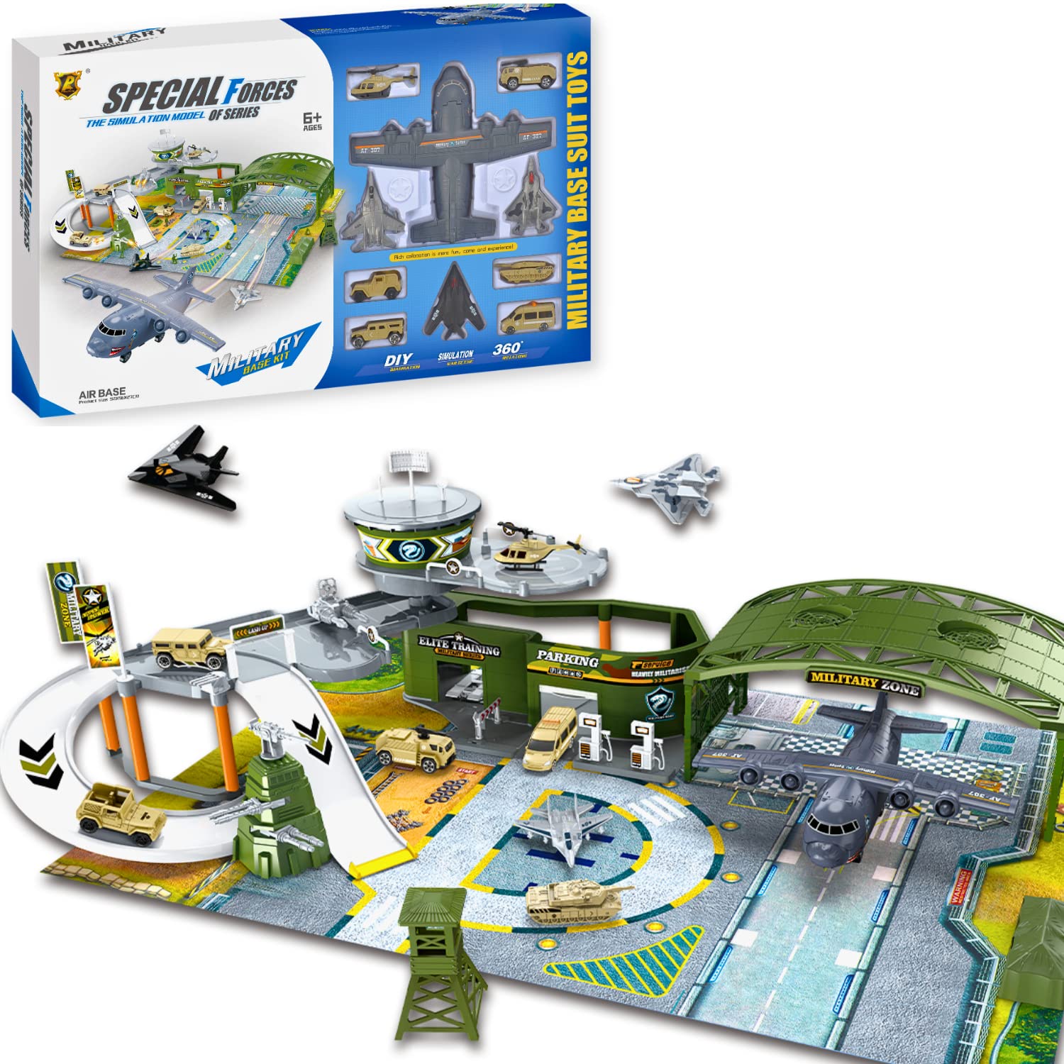 Fitto Military Base Action Figures Play Set with Large Bomber, 3 Jet Fighters, 5 Military Cars and Tanks and Helicopter