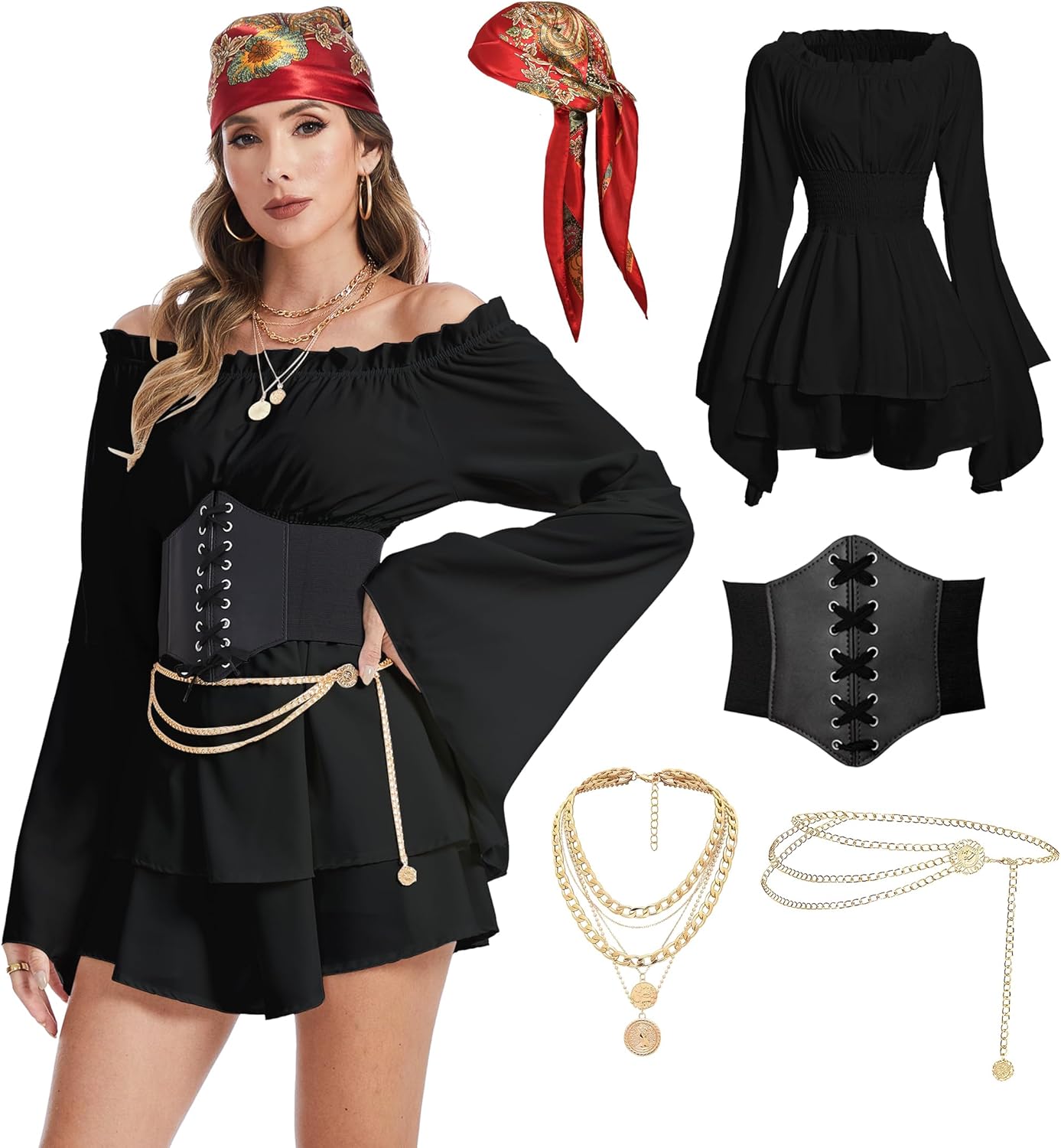 DARFULA Pirate Costume Women Dress White Pirate Dress with Corset Necklace Bandana Headscarf Accessories