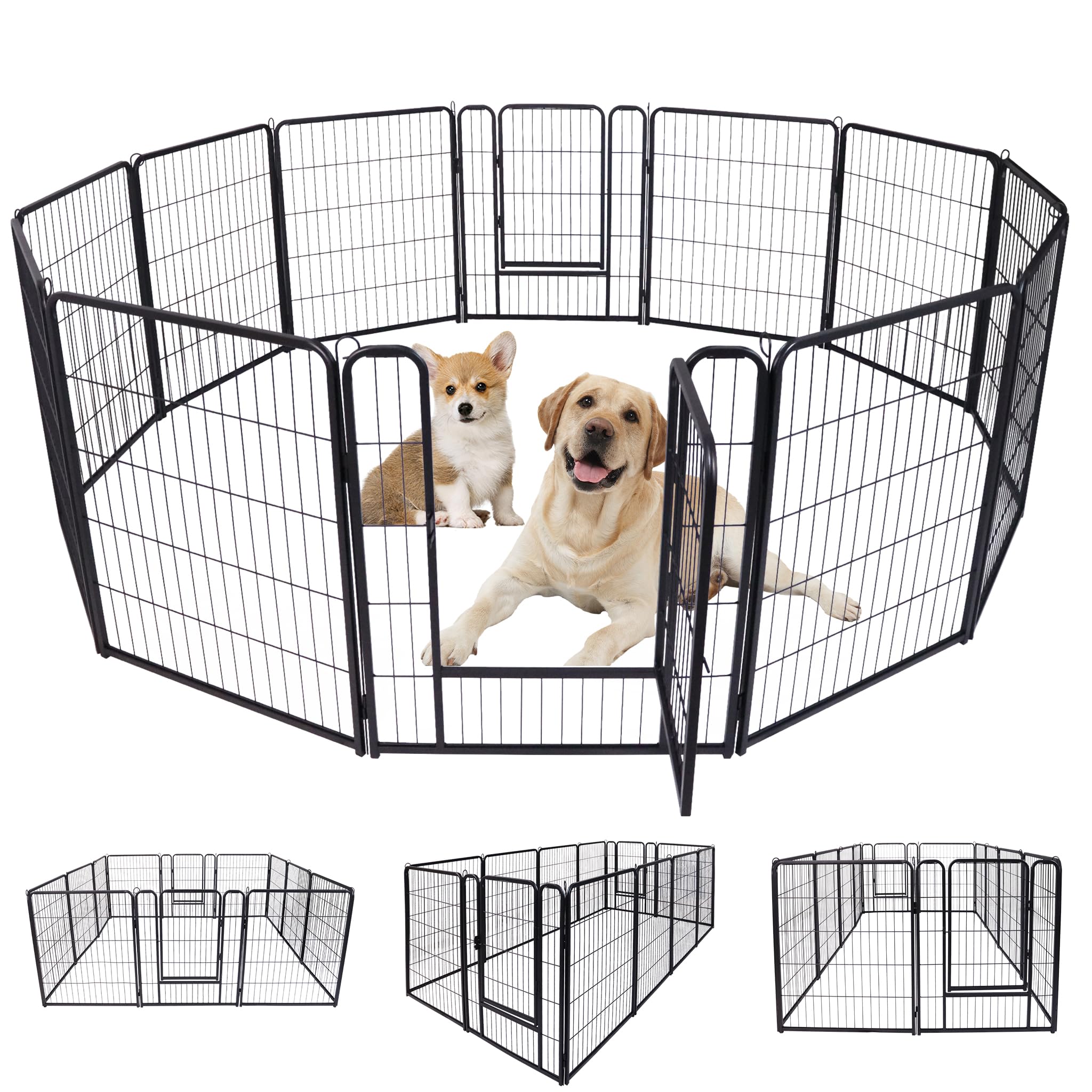 LARS360 Welpenauslauf Hundelaufstall 65x80cm Tierlaufstall 12 Gitterplatten mit Tür, Flexibel und Faltbar für Innen und Outdoor (Mattschwarz)