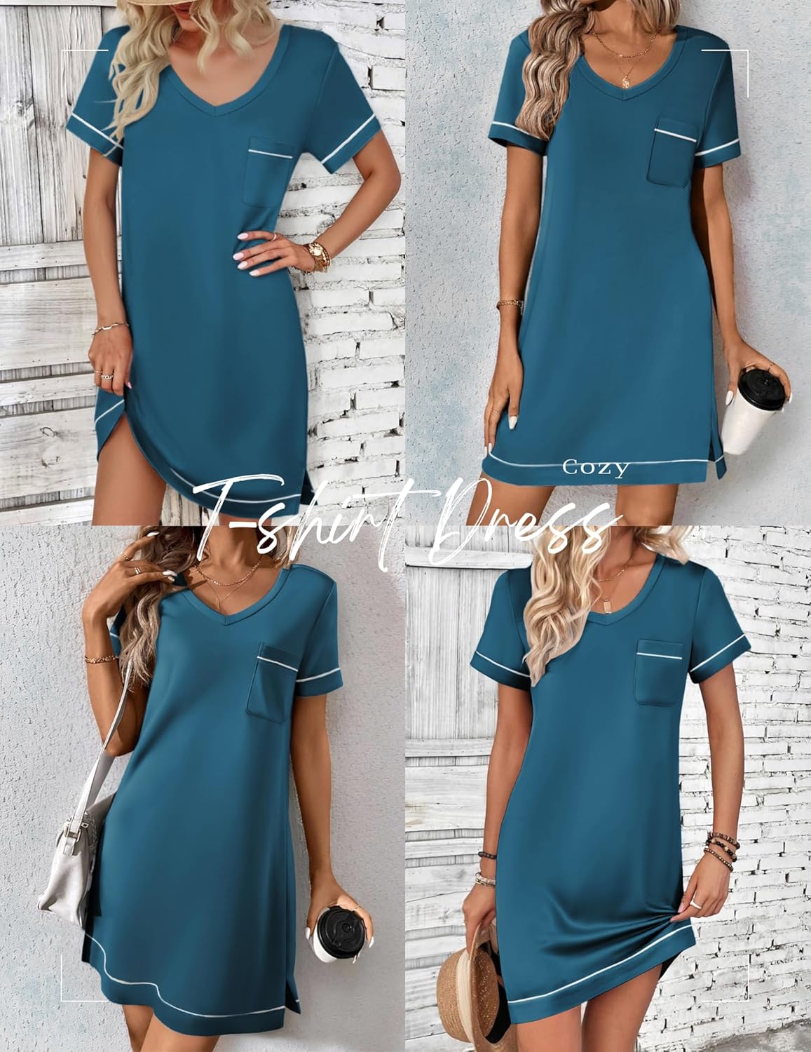 Ekouaer Womens Nightgowns for Women Short Sleeves V Neck Sleepwear Plus Size Sleepshirt Short Nightshirt Tshirts Dress S-XXL - Image 3