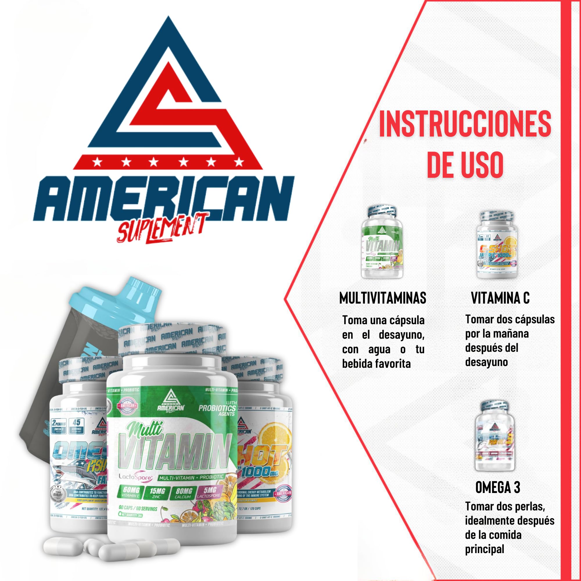 Pack de Salud, Bienestar y Vitalidad: Multivitaminas (60 cápsulas) + Omega 3 (90 cápsulas) + Vitamina C (120 cápsulas) | Beneficia al Sistema Cardiovascular | Shaker REGALO