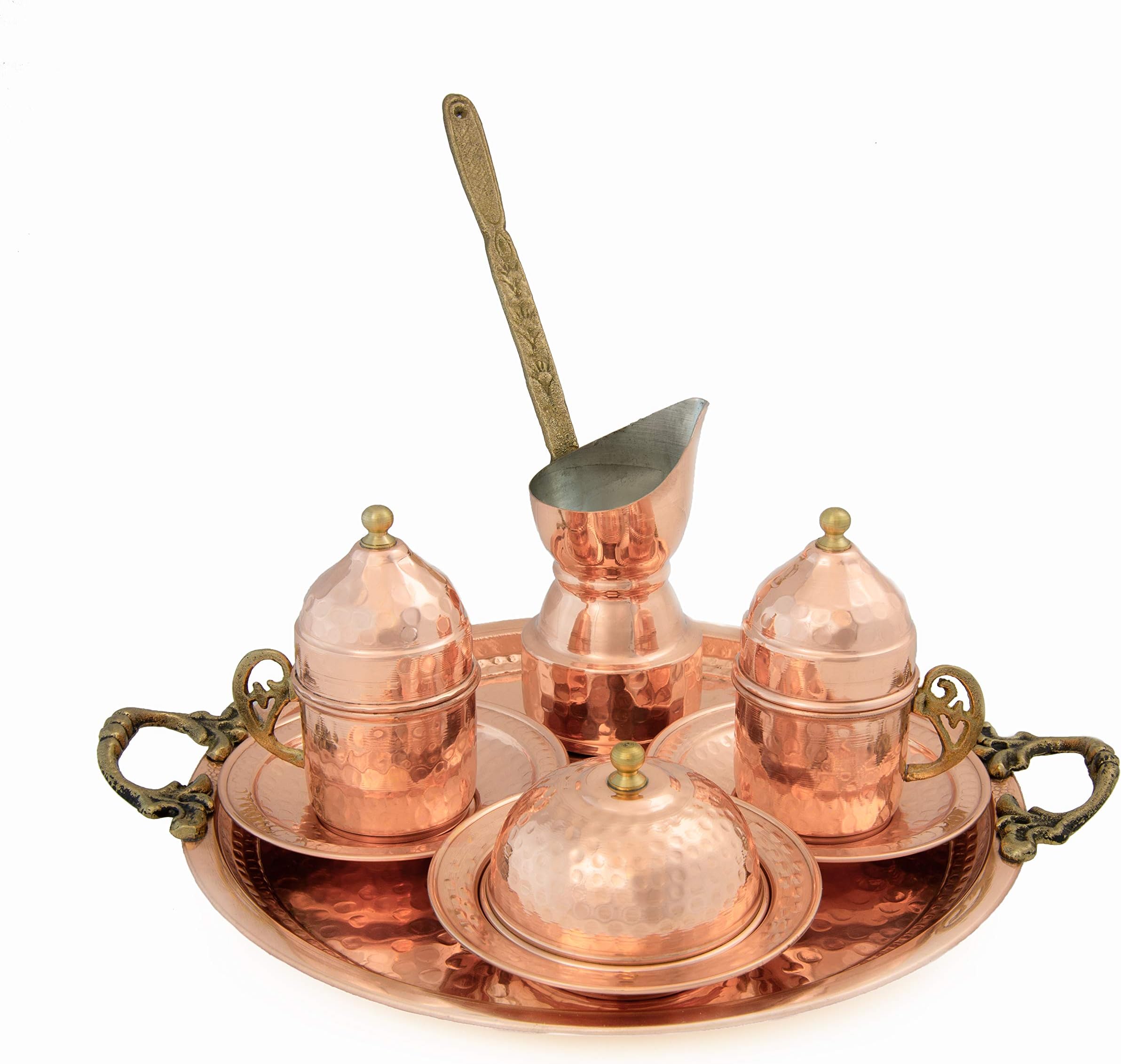 Hand hammered Copper Turkish Coffee Set – 2 Cups, Serving Dish, Tray & Cezve